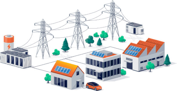 Graphic showing how net metering works by homes and buildings using the grid as a virtual battery